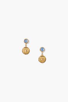 Stamped coin earrings with gold wrapped kyanite posts. 18k gold plated sterling silver, kyanite. 1 3/4" drop. Handmade in Vietnam. Drop Earrings Gold, Coin Design, Pearl Necklace Earrings, Gold Wrap, Coin Earrings, Information Design, Chan Luu, Product Introduction, Gold Drop Earrings