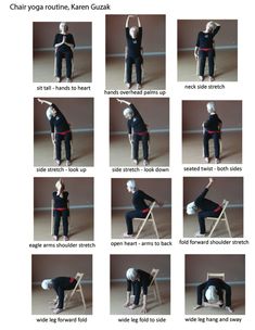 the instructions for how to do chair yoga with kenan guzak in this video, you can see many different poses