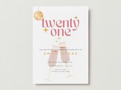 a birthday party card with two champagne glasses and the words twenty one written on it