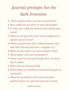 a poem with the words journal prompts for the dark feminine written in red and white