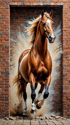 a painting of a horse running in front of a brick wall with an open doorway