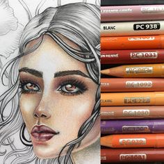 a pencil drawing of a woman's face next to some crayon markers