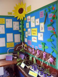 a room with plants and pictures on the wall in front of it that says growing plants