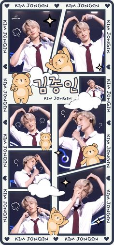 a collage of photos with the same person in different poses, including teddy bears