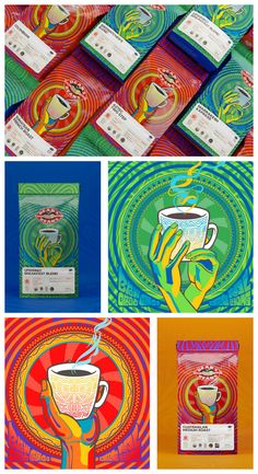 several different images of coffee bags with designs on them