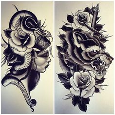 two tattoos with roses and snakes on them, one is black and the other is white