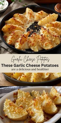 three different views of garlic cheese potatoes in a pan on a wooden table with text overlay