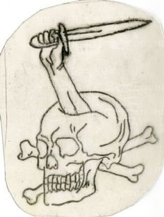 a black and white drawing of a skull holding a knife