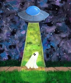 a painting of a white ghost in front of a green field with an alien ship flying over it