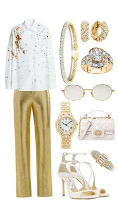 a white shirt and gold pants with accessories