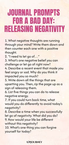 Explore these engaging journal prompts to help release negativity on those tough days. Writing can be a powerful tool for processing emotions and finding peace within ourselves. Take some time to reflect with these prompts and practice self-care through writing. Journal Prompts For Therapy, Journal Prompts For Getting Over Someone, Cbt Journal Prompts, Stuff To Write In A Journal, Caretaker Prompts, Confidence Journal Prompts, Therapy Journaling Prompts, Self Care Journal Prompts, Processing Emotions