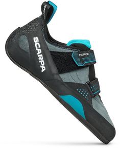 the scarra climbing shoe is available in black, grey and blue colors with white lettering