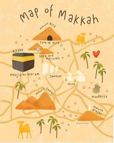 the map of makkah is shown with camels, palm trees and buildings