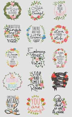 the floral quote stickers are shown in different colors and font styles, including flowers