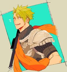 an anime character with blonde hair and orange shirt holding his arm around his chest, in front of a blue background