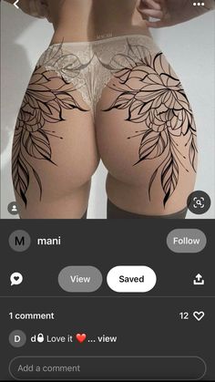 Handprint Tattoo On Buttcheek, Lower Back And Buttock Tattoo, Buttcheek Tattoo Women Big, Goth Leg Tattoo, Upper Buttock Tattoo, Large Hip Tattoos Women, Glute Tattoo, Tattoo Women Leg, Tattoo Women Chest