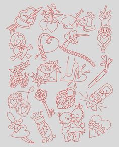 an image of various tattoos drawn in red ink on a gray background with the words i love you