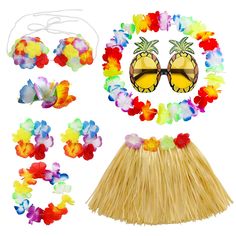 a hula skirt, sunglasses and flower leis are arranged on a white background