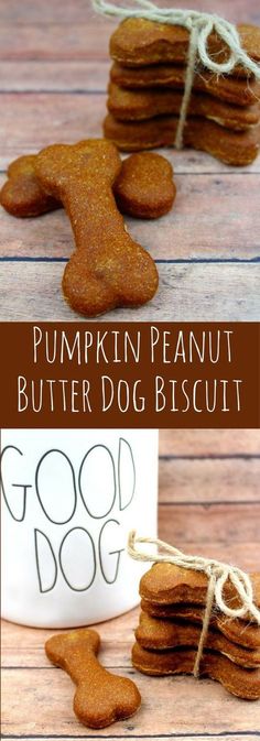 pumpkin peanut butter dog biscuits on a wooden table with the words good dog written in