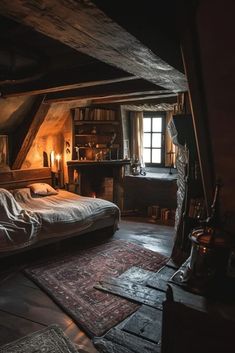 an attic bedroom with a bed and rugs on the floor in front of a window