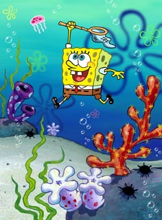 spongebob is swimming in the ocean with sea life