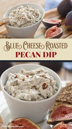 blue cheese roasted pecan dip in a white bowl with sliced figs on the side