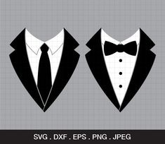 two black and white tuxedos with bow ties are shown on a gray background