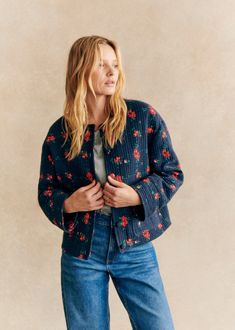 Short printed quilted jacket with long sleeves;Round neckline;Patch pockets;Covered button fastening on the front;Length from the shoulder: 57 cm / 22.4 in (on a size EU36/UK8) Sezane Clothing, Lifestyle Dresses, Colorful Jacket, Denim Suit, Jacket Denim, Short Jacket, Cotton Quilts, Quilted Jacket, Parisian Style