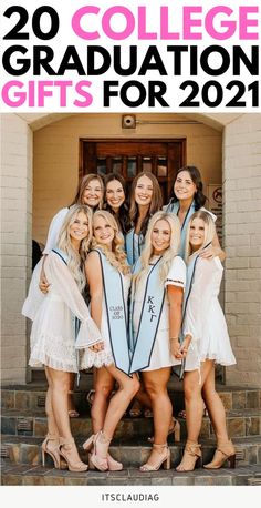 girls in graduation gowns posing on steps with the words 20 college graduation gifts for 2021