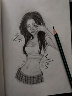 a pencil drawing of a girl holding her hand up to her face and looking at the camera