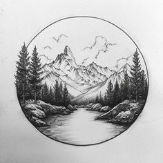 a drawing of mountains and trees in a circle