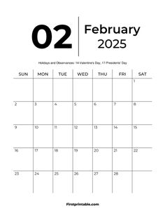 a calendar for the month of feb to feb, with the holidays in black and white