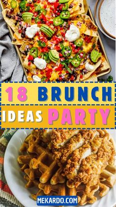 brunch ideas party with waffles, chicken and vegetables