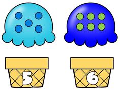 three ice cream cones with blue and green designs on them, each containing the number six