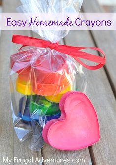 an easy homemade crayons treat bag filled with rainbow colored playdoughs