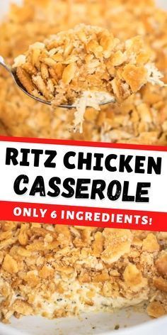 a close up of a bowl of food with the words ritz chicken casserole