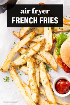 air fryer french fries with ketchup and lettuce on the side