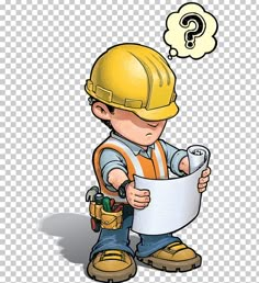 a construction worker holding a blueprint with question mark above his head, while looking at it