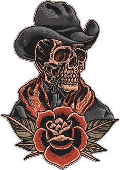 a skull wearing a cowboy hat and holding a rose