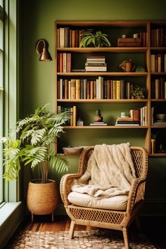 a wicker chair in front of a bookshelf filled with books and plants