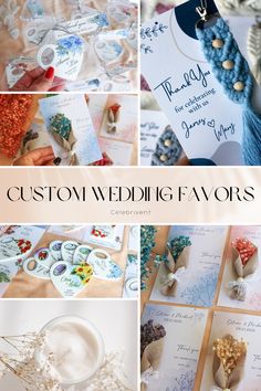 a collage of wedding favors and cards with the words custom wedding favors written on them