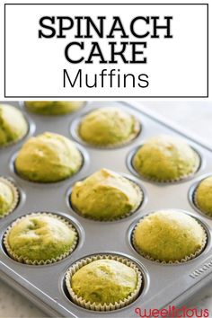 a muffin tin filled with green cupcakes and the words spinach cake muffins