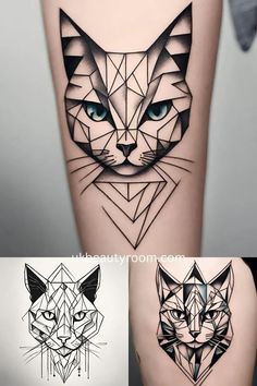 an image of some tattoos on the thigh and leg, with different designs in it