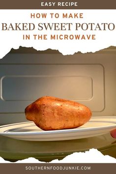 baked sweet potato in microwave with text overlay reading how to make baked sweet potato in the microwave