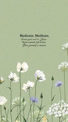 an image of flowers with the words meditate, meditate written in white and blue