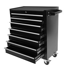 a large black drawer with five drawers on the bottom and four wheels, in front of a white background