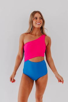 Bold Pink Swimwear For Pool, Pink Color Block Stretch Swimwear, Pink Color Block Swimwear For Poolside, Vibrant Pink Stretch Swimwear, Pink Color Block Swimwear For Pool, Pink Contrast Color Beach Swimwear, Pink Contrast Color Swimwear For Beach, Pink Contrast Color Swimwear For Beach Season, Bold Pink Swimwear For Summer