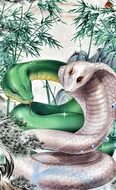 a painting of a snake with its mouth open in the middle of a jungle scene