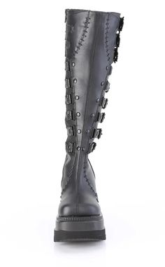 STOMP ON IN! The Demonia SHAKER-232 knee-high boots are the punkest platform boots around with a wedge platform that's just the perfect height to wear every day! They feature 3 buckle straps with skulls and 6 buckle straps below the toe! Plus side zip for easy on and off. Vegan Black patent leather 4 1/2 inch wedge Knee High Side zip U.S women's sizing-refer to size chart for more info Demonia Shaker, Demonia Boots, Shoes And Sandals, Demonia Shoes, Gothic Boots, Black Skull, Black Skulls, Boots Shoes, Black Patent Leather