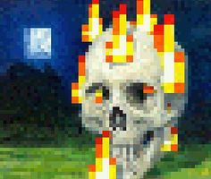 a pixelated image of a skull with flames on it's head in the grass